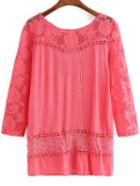 Shein Red Round Neck Sheer Lace Loose Blouse