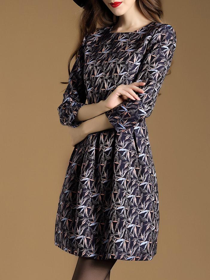 Shein Navy Boat Neck Print Shift Dress