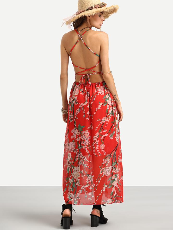 Shein Floral Print Criss Cross Backless Chiffon Dress