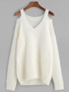 Shein White Cold Shoulder Fluffy Sweater