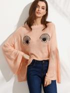 Shein Pink With Black Scallop Crew Neck Bell Sleeve Sweater