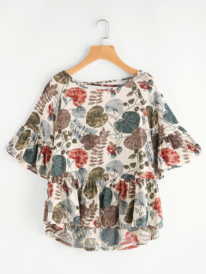 Shein Leaves Print Crisscross Back Dip Hem Smoke Blouse