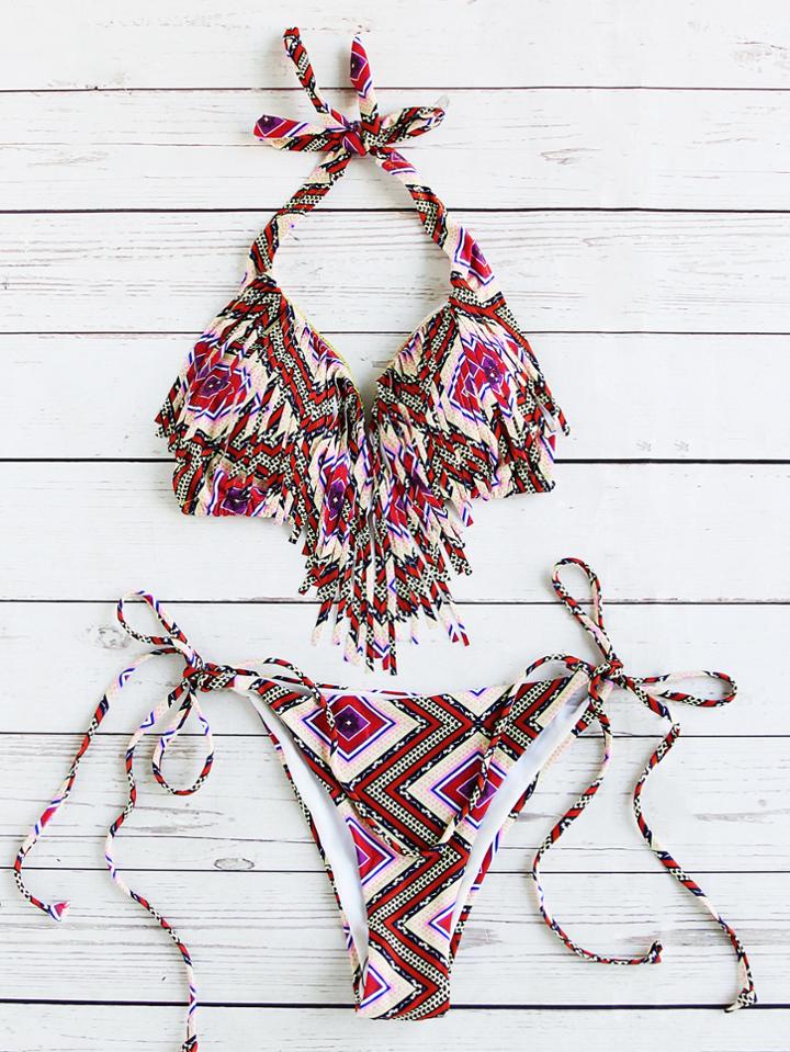Shein Multicolor Geometric Print Fringe Trim Halter Bikini Set