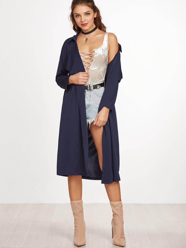 Shein Navy Self Tie Epaulet Detail Wrap Coat