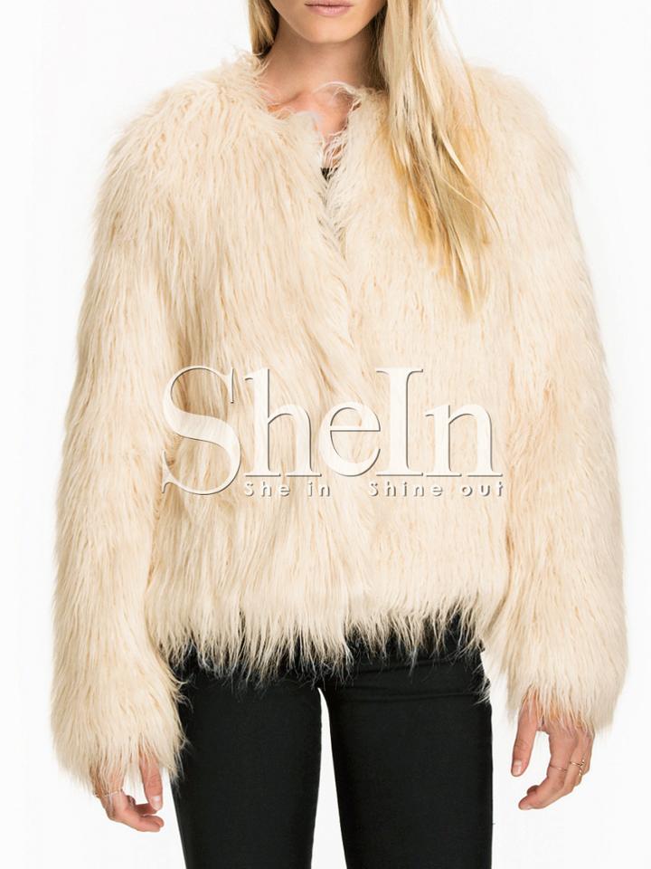 Shein Apricot Long Sleeve Faux Fur Coat