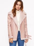 Shein Pink Faux Shearling Belted Cuff And Hem Moto Jacket