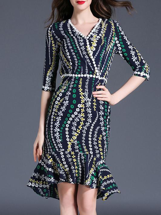 Shein V Neck Floral High Low Fishtail Dress