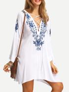 Shein Bell Sleeve Lace Up Embroidered Dress