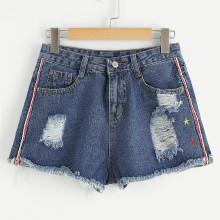Shein Star Embroidered Raw Hem Ripped Denim Shorts