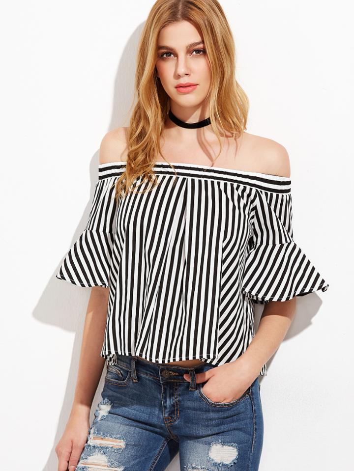 Shein Black And White Striped Ruffle Sleeve Off The Shoulder Top
