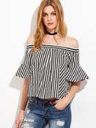 Shein Black And White Striped Ruffle Sleeve Off The Shoulder Top