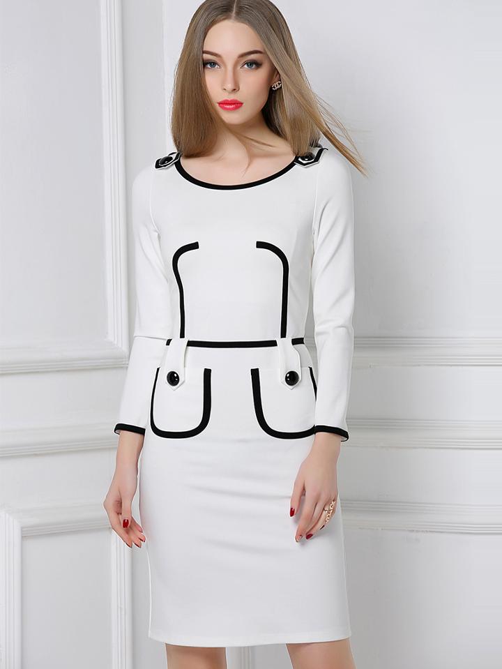 Shein White Round Neck Long Sleeve Pockets Dress