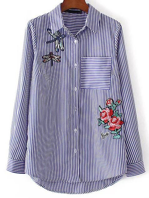 Shein Blue Vertical Striped Flower Embroidery High Low Blouse