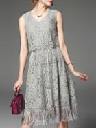 Shein Grey V Neck Fringe Cropped Lace Dress