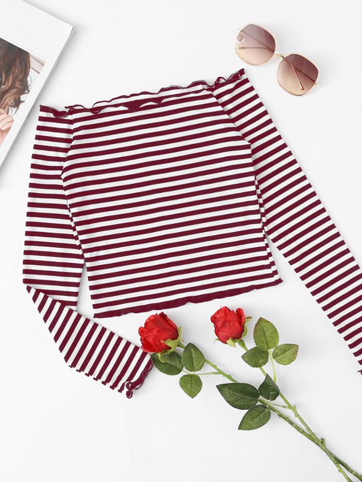 Shein Off Shoulder Lettuce Edge Trim Striped Tee