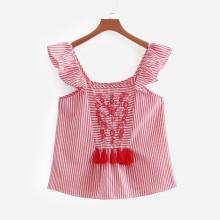 Shein Striped Tassel Detail Embroidered Blouse