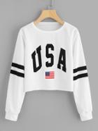 Shein Varsity Striped Letter Print Raw Hem Sweatshirt