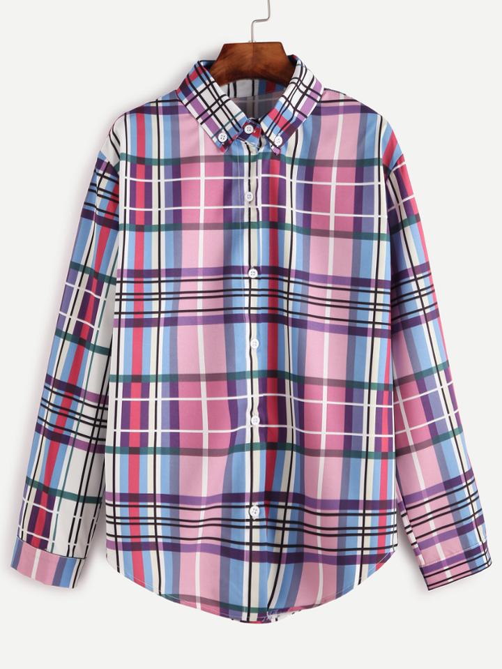 Shein Multicolor Plaid Curved Hem Blouse With Buttons