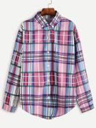 Shein Multicolor Plaid Curved Hem Blouse With Buttons