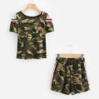 Shein Open Shoulder Tee & Stripe Contrast Shorts