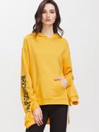 Shein Yellow Letter Print Double Cuff High Low Hoodie With Pocket