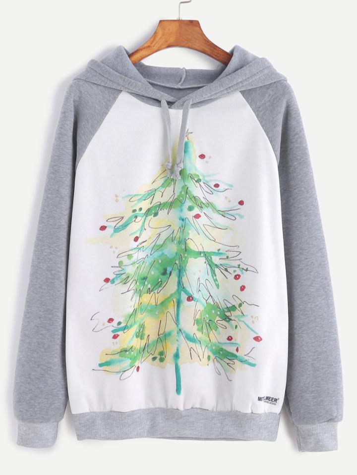 Shein Color Block Christmas Tree Print Hooded Sweatshirt