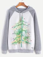 Shein Color Block Christmas Tree Print Hooded Sweatshirt