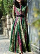 Shein Green Round Neck Long Sleeve Drawstring Lace Dress