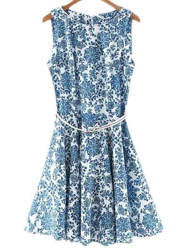 Shein Blue And White Porcelain Skater Dress With Belt