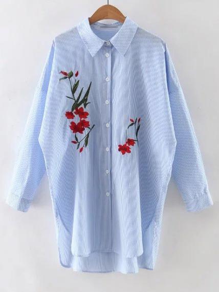 Shein Blue Stripe Embroidery High Low Split Side Blouse