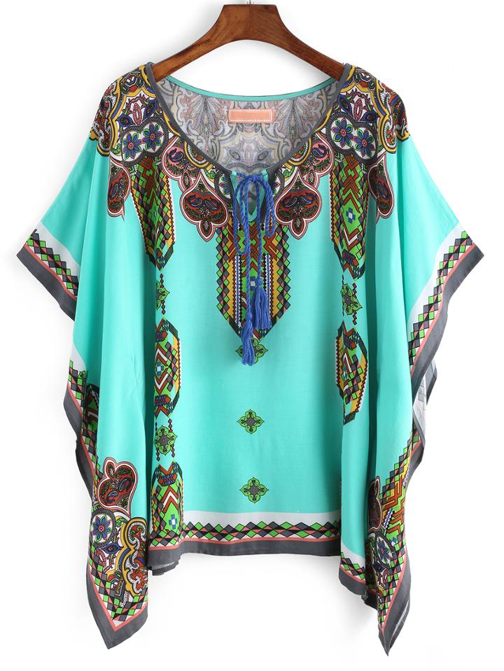 Shein Green Tribal Print Loose Blouse
