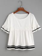 Shein White Striped Trim Flower Lace Applique T-shirt