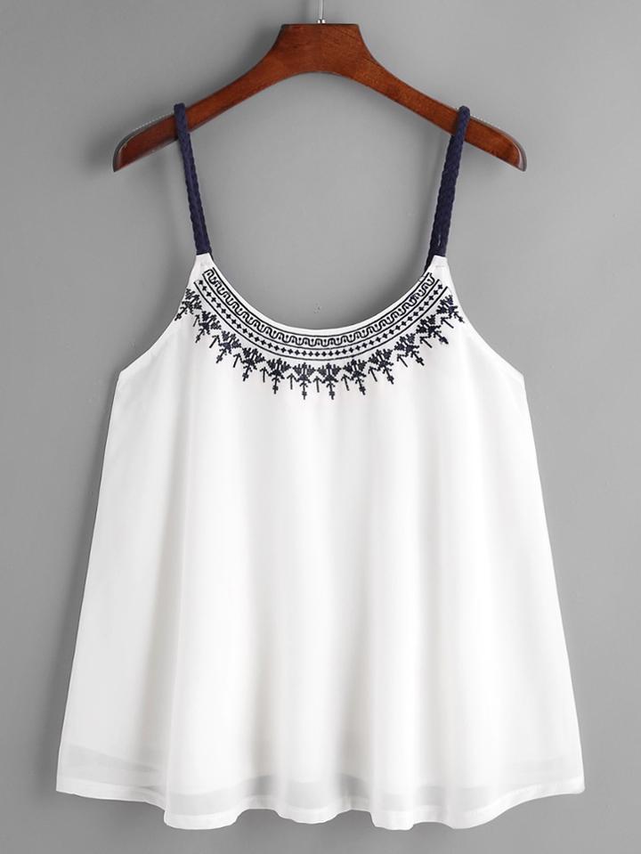 Shein White Embroidered Chiffon Overlay Cami Top