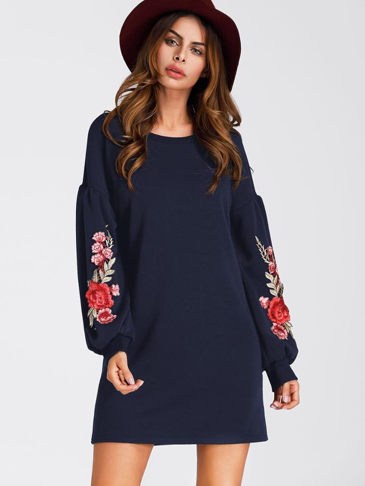 Shein Embroidered Appliques Balloon Sleeve Dress