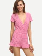 Shein Red Striped Short Sleeve V Neck Jumpsuit