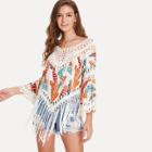 Shein Feather Print Fringe Embellished Eyelet Crochet Top