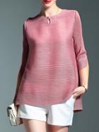 Shein Pink Crew Neck Pleated Elastic Blouse
