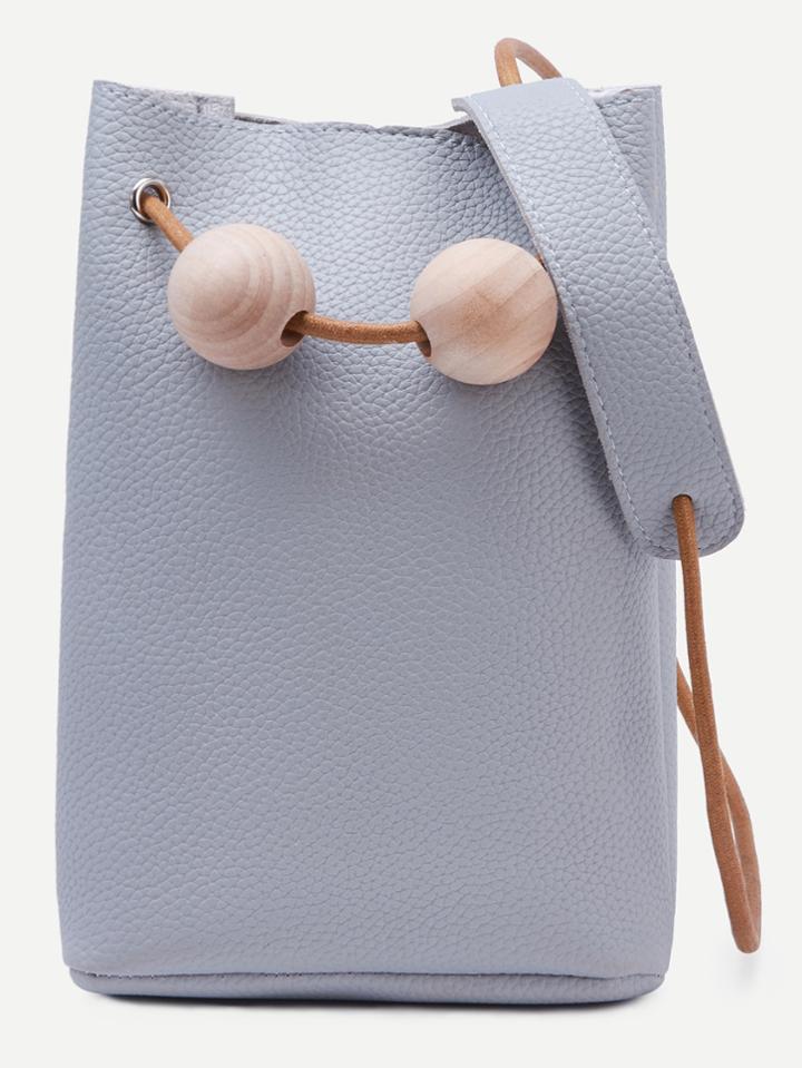 Shein Grey Wood Balls Snap Button Closure Bucket Bag