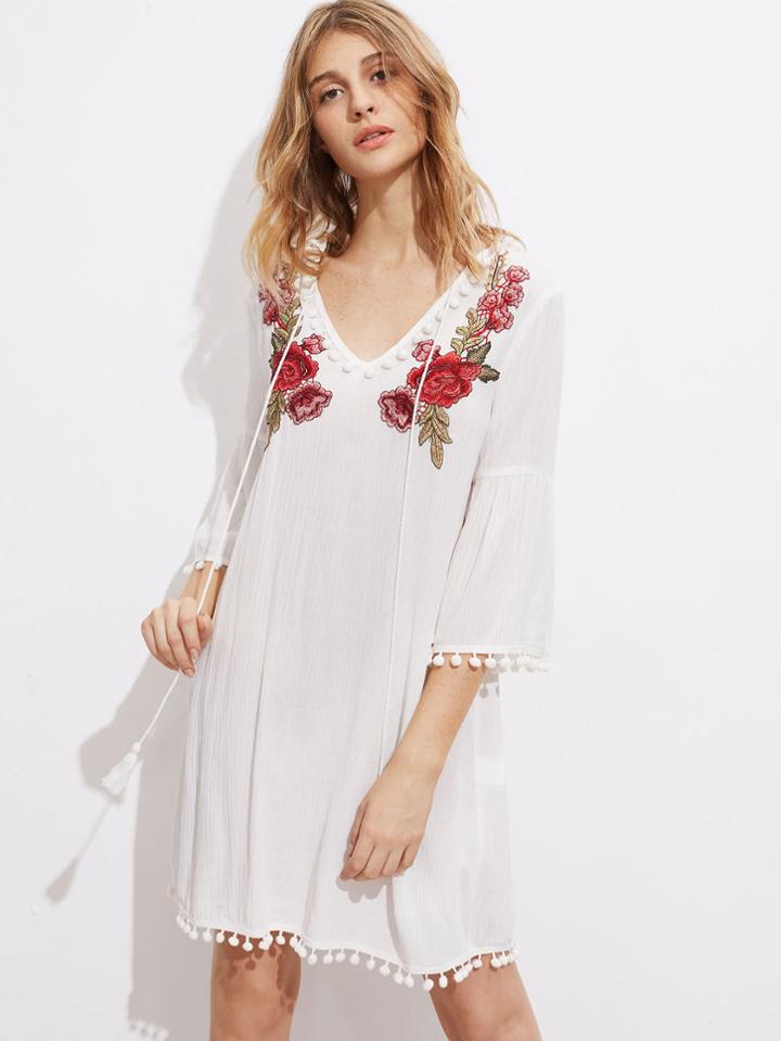 Shein Symmetric Embroidered Patch Tassel Tie Trumpet Sleeve Dress