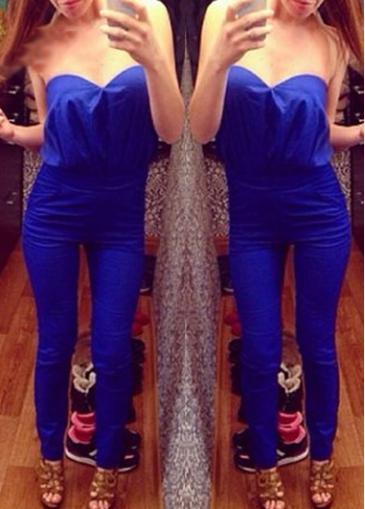 Rosewe Strapless Solid Blue Ankle Length Jumpsuit