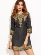 Shein Black Vintage Print A Line Jacquard Dress