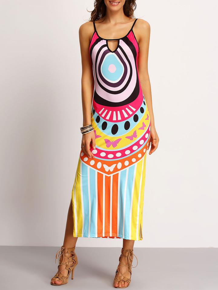 Shein Multicolor Vertical Striped Butterfly Print Split Dress