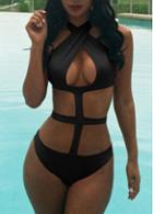 Rosewe Cutout Pattern Solid Black Haltered Swimwear