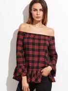 Shein Black And Red Plaid Off The Shoulder Ruffle Top