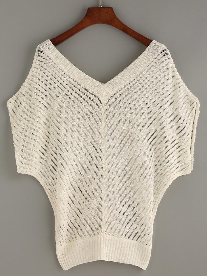 Shein Beige V Neck Knitted Dolman Sleeve T-shirt