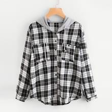 Shein Plus Pocket Decoration Plaid Hooded Sweatshirt