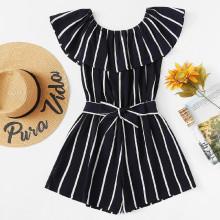 Shein Striped Ruffle Hem Knot Romper