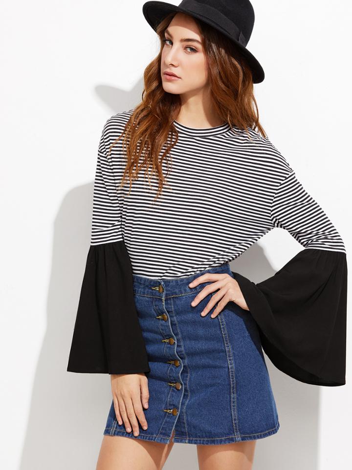 Shein Contrast Striped Drop Shoulder Bell Sleeve T-shirt