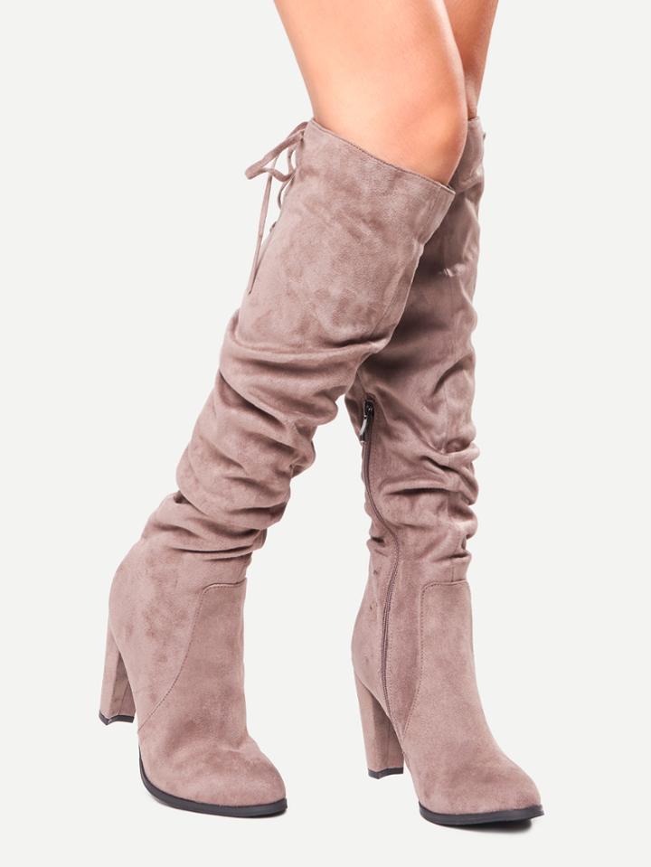 Shein Brown Suede Tie Back Knee Zipper Boots
