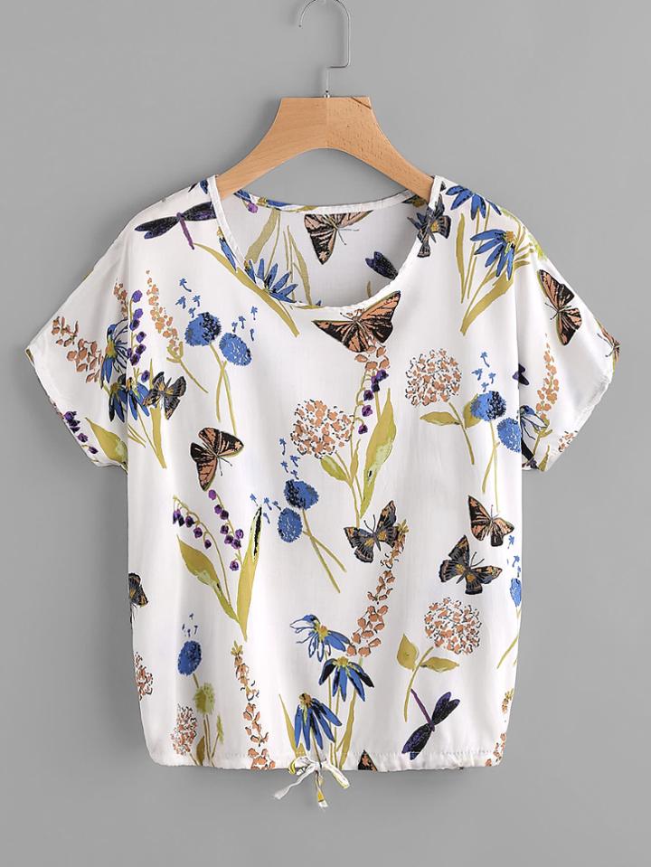 Shein Butterfly Print Drawstring Top